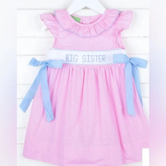 Pink Gingham 'Big Sister' Dress with Blue Accents - Picture 1 of 5